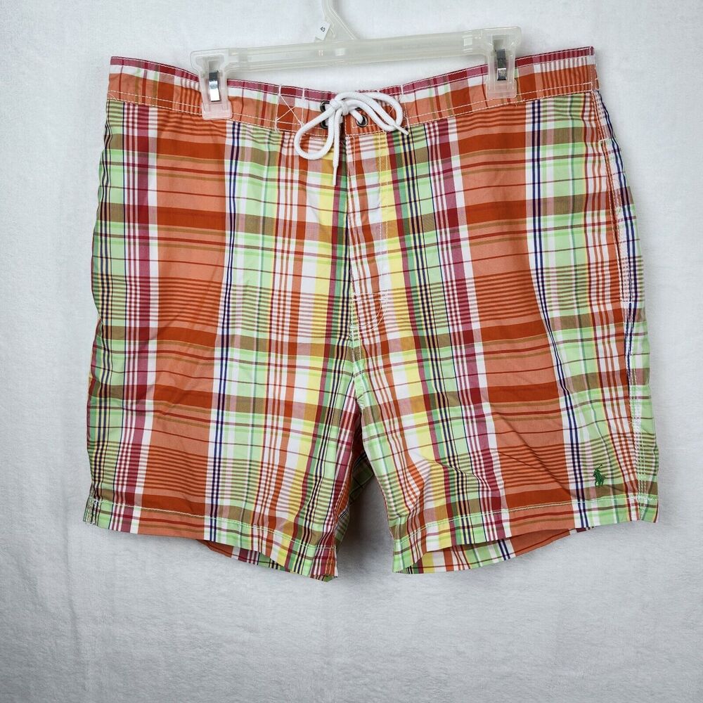 Polo Ralph Lauren Board Shorts Men’s XL Orange Pink Green Plaid Swim Trunks